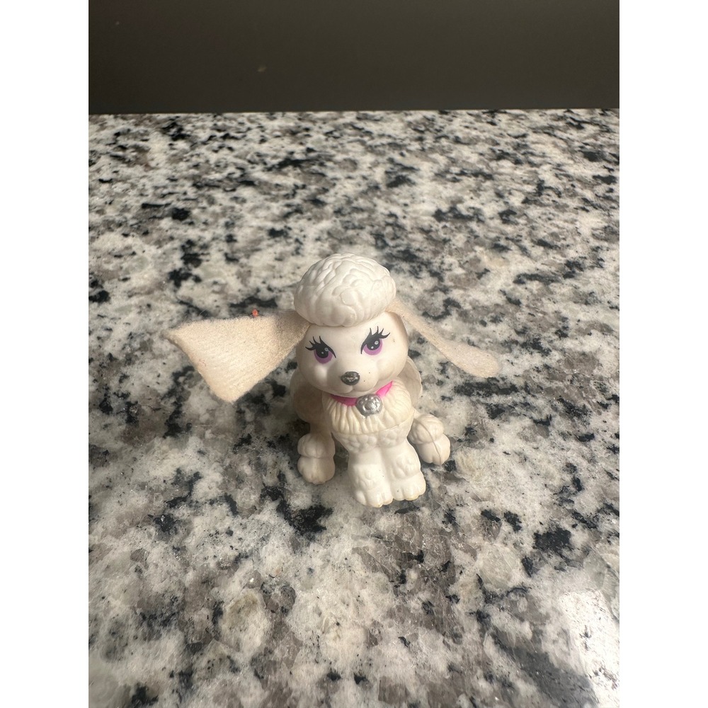 Miniature White‎ Poodle Dog Figurine Pink Collar Gem Toy Animal Figure